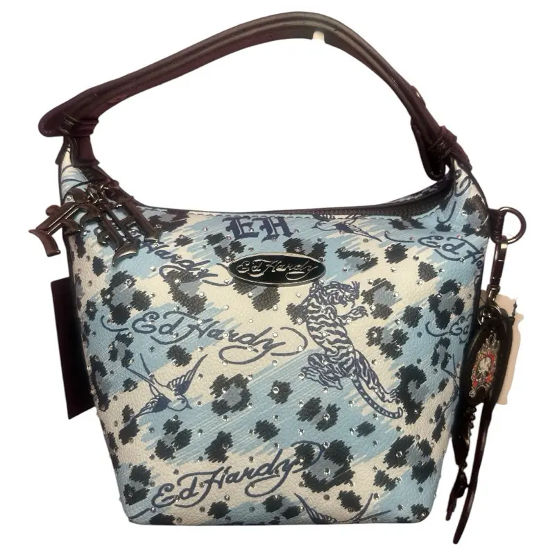Ed Hardy Blue Leopard Print Shoulder Bag Tiger Rhinestone Y2K McBling Purse NWT