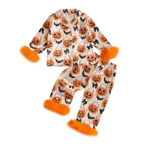 REDWOON Kids Toddler Girl Halloween Pumpkin Pajamas Fuzzy Trim Long Sleeve Button Down Shirt Top and Pants 2pcs Pjs Sets Sleepwear