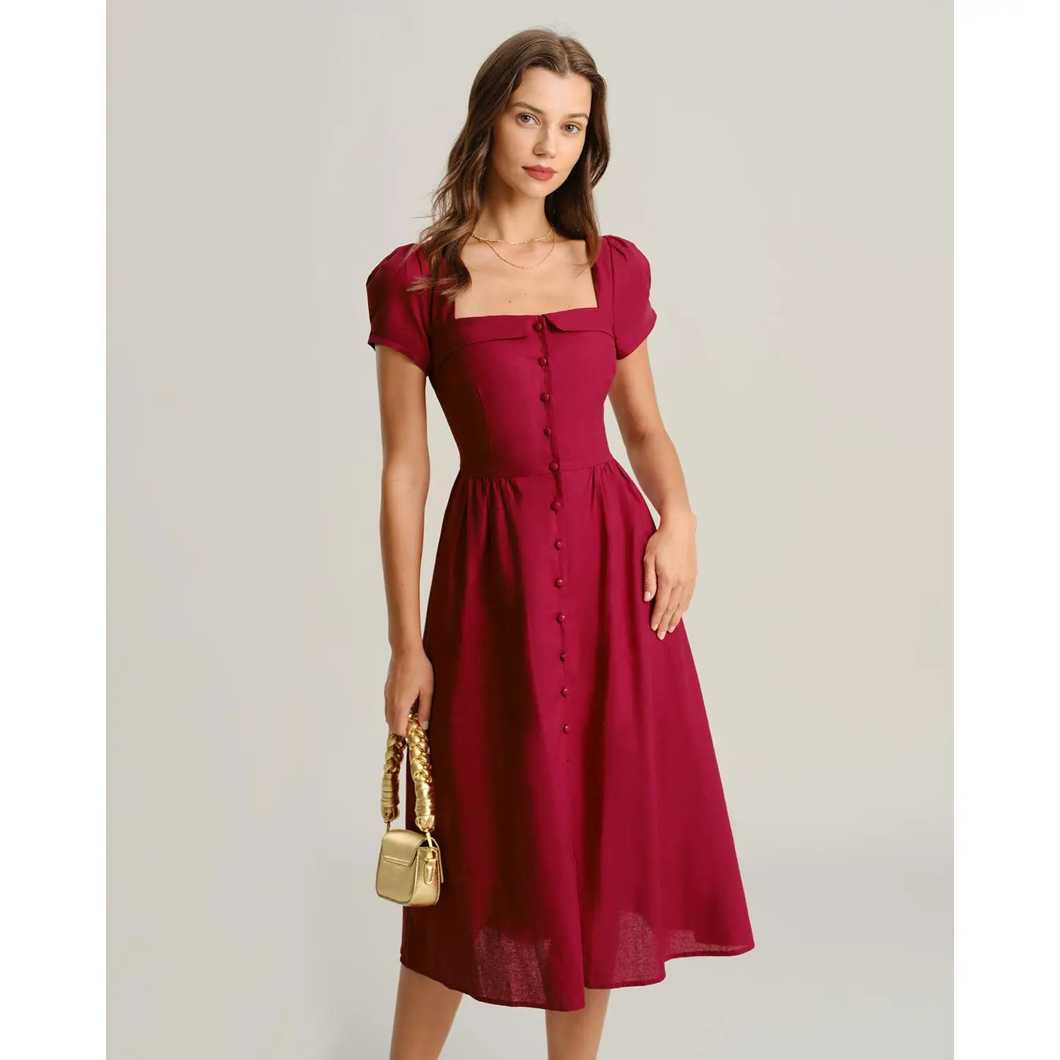 Rihoas Women's Elegant Wine Red Linen-Polyester Waisted Square Neck Short-Sleeve A-Line Midi Dress - Elegant Dresses for Women, Classy & Daily A-Shaped Casual Styles, Classy Casual Dresses