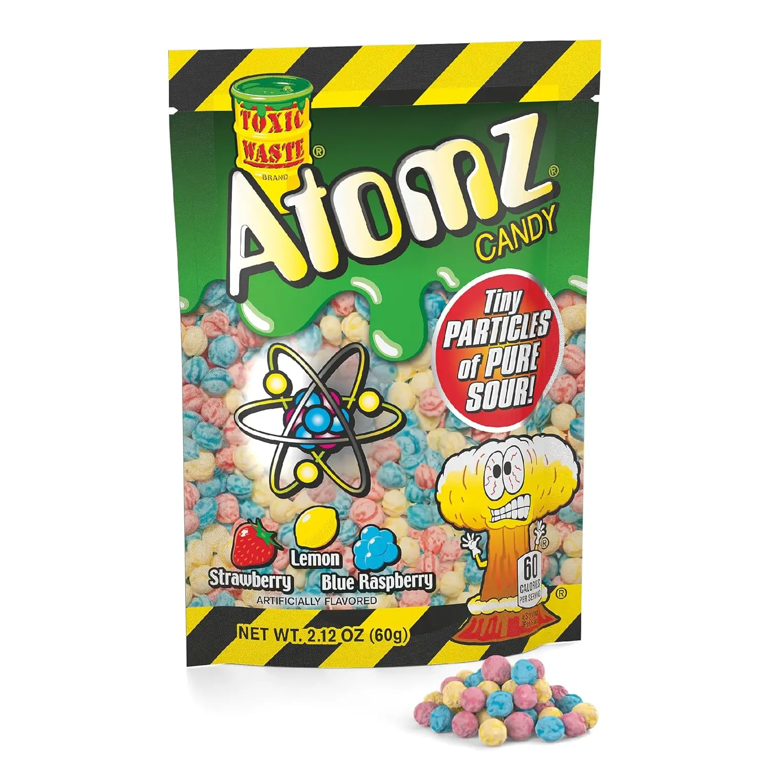 TOXIC WASTE - Atomz - Sour, Tangy, Chewy Candy - 3 Assorted Flavors: Lemon, Strawberry, & Blue Raspberry - 2.12 oz. Bag