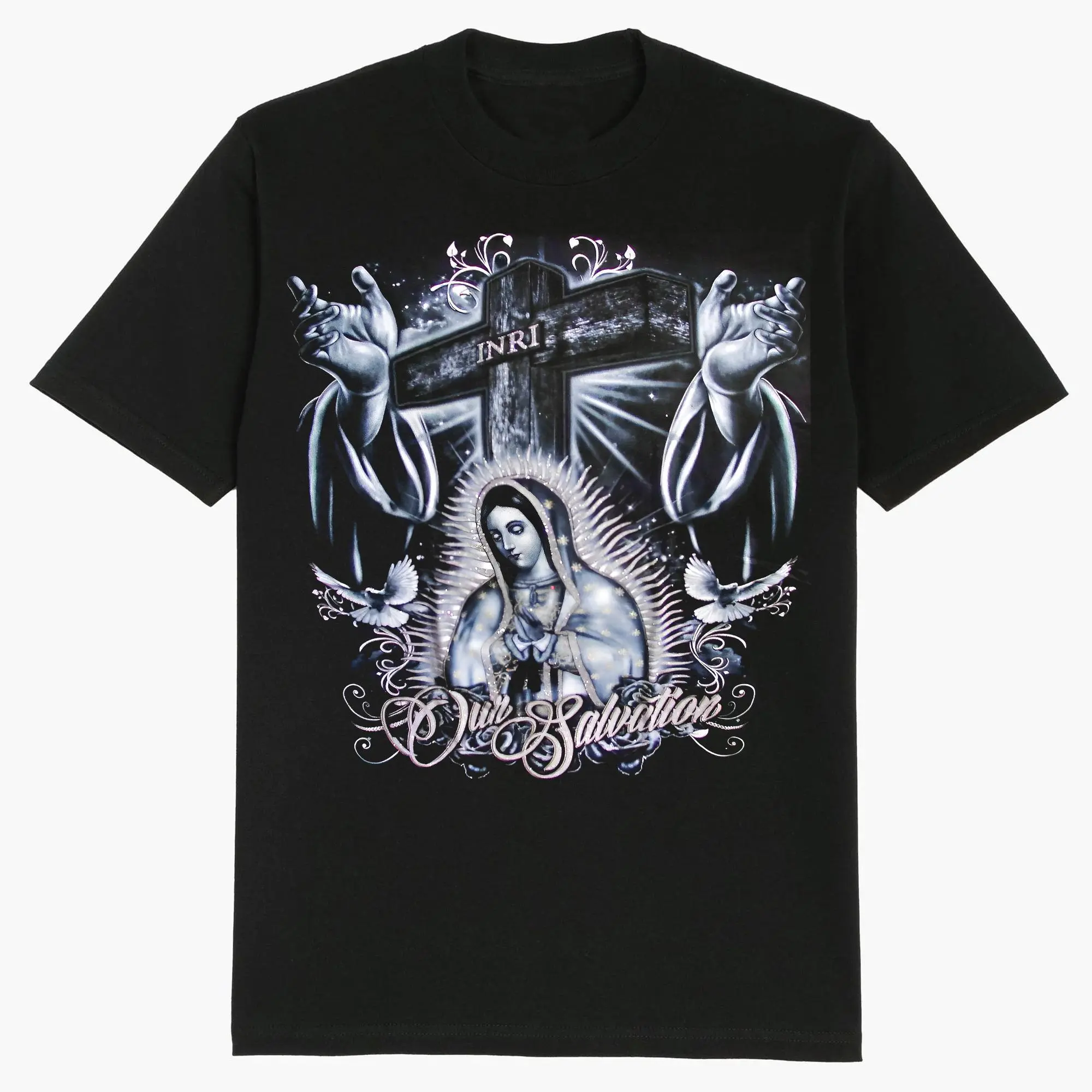 Guadalupe Cross Inri Dove Hands Our Salvation Chicano Clothing Gangster Clothes For Girls Dga Shirt Cotton T-shirt for Daily Life Work & Shopping