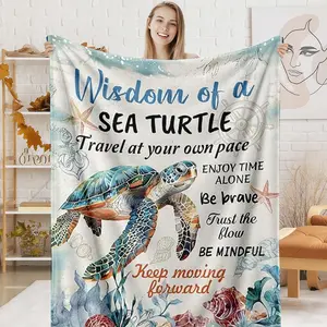 Sea Turtle Wisdom Flannel Blanket - Sea-Themed, Graphic, Plush Textured Throws with Watercolor "Travel At Your Own Pace Be Brave" Design, Soft Warm Cozy Nap Blanket for Sofa, Ocean Lover Gift for Birthdays, Holidays, Sea-Themed Throws