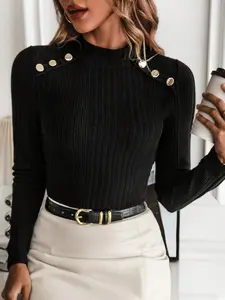 Women's Slim-Fit High Neck Long Sleeve T-Shirt, Button Decorated Top for Spring & Fall, Contemporary Plain Design, Casual Top, Casual Business Top