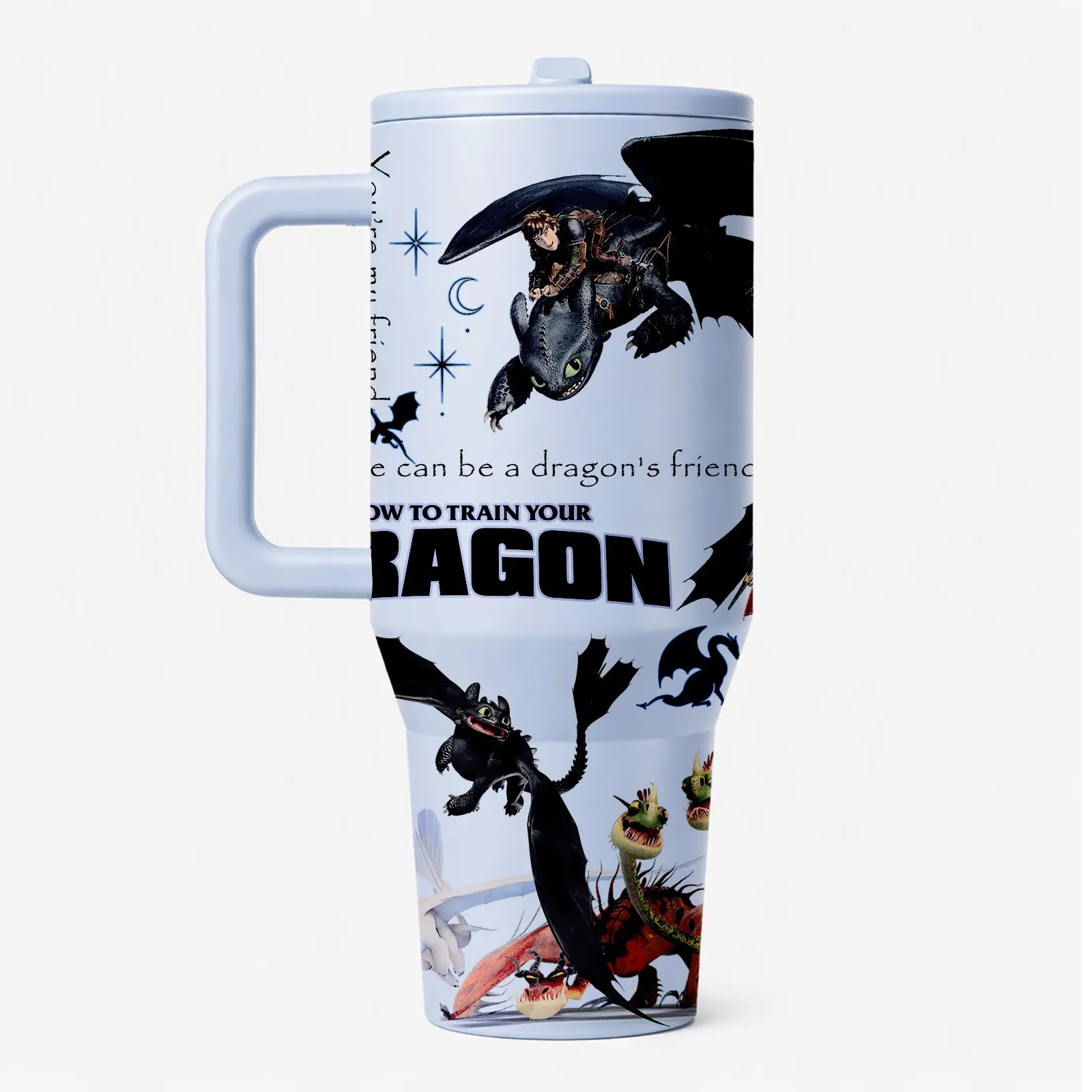 1 Pc 40oz insulated mug, Leakproof Vacuum Flask, vacuum cup, double wall, leak proof, Stainless Steel, with handle and lid, skinny design, for hot cold drinks, keep hot 12h cold 24h, How to Train Your Dragon print, fan gift for kids teens, movie lovers