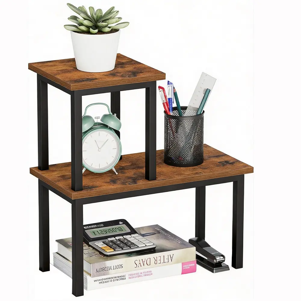 Rustic Brown 2-Tier Adjustable Stackable Wooden Desktop Organizer - Freestanding Organization Desk Shelf, Office/Home Accessories Storage Solution for Countertops (Office, Kitchen)