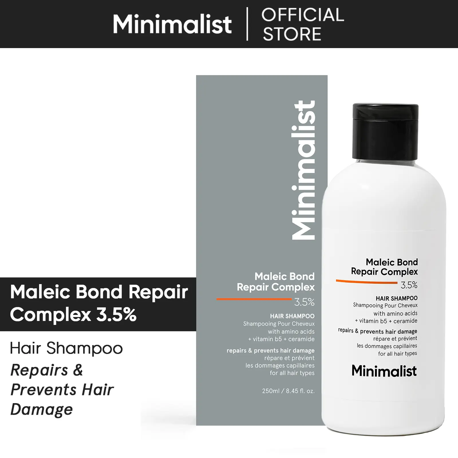 Minimalist Hair Shampoo for Damaged, Frizzy Hair | 3.5% Maleic Bond Repair Complex with Ceramide, Coconut Oil, Betaine | Haircare Sulfate-Free, Strengthening, Acid, Advanced Formulation Shampoo for Men & Women