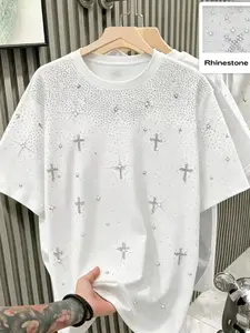 Viral Starry Cross Rhinestone T-Shirt, Men's Sparkly Studded Graphic Tee, Aesthetic Glitter Streetwear, Summer Party OOTD, Trendy Daily Wear