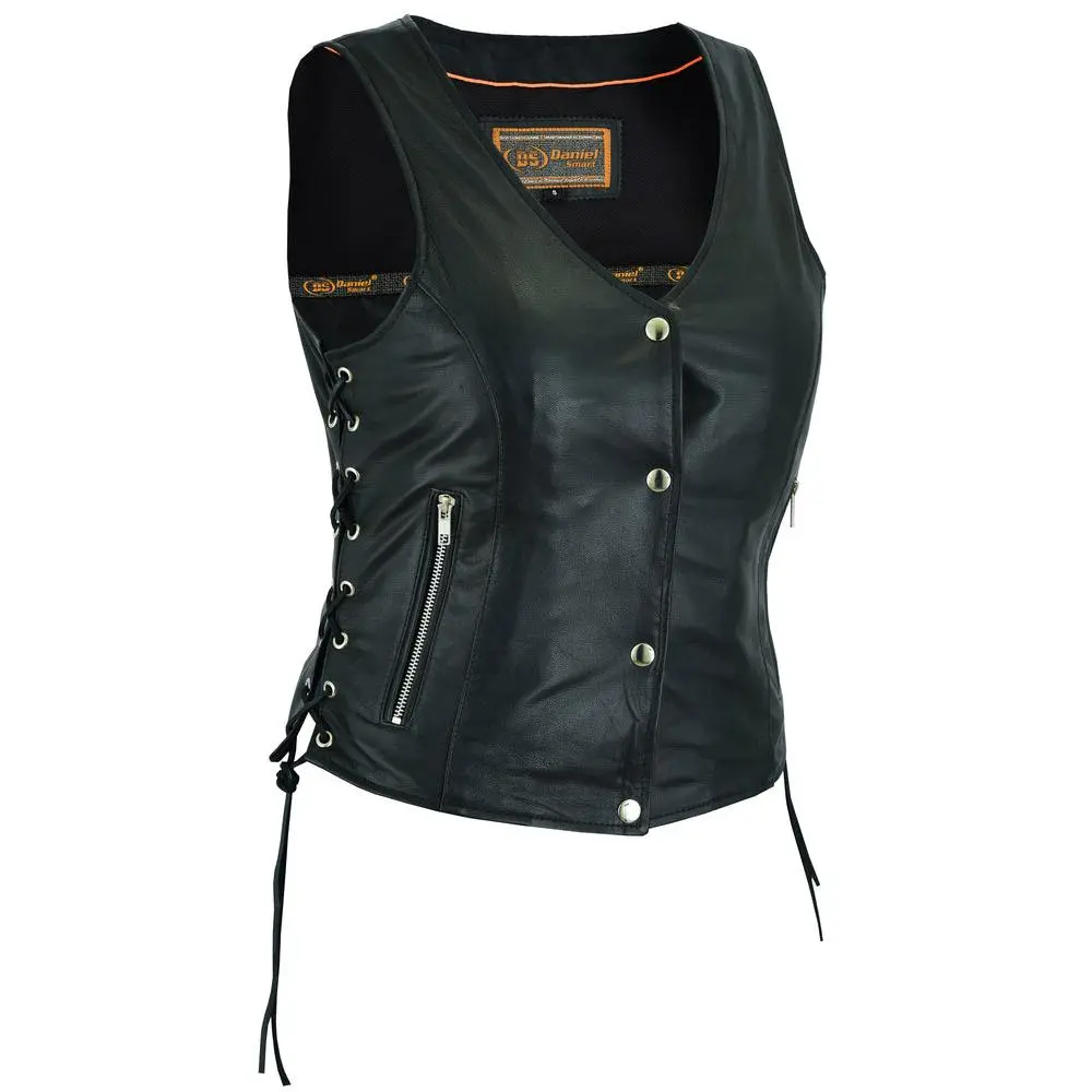DANIEL SMART Women's Contour Leather Motorcycle Protective Vest - Ultra-Soft Drum Dyed Naked Goat Skin, V-Neck, 4 Silver Snaps Front, 2 Inside Conceal Carry Zip Pockets, Heavy Duty Inside Mesh Liner, Sizes XS-5XL, Motorcycle Protective Gear Accessory