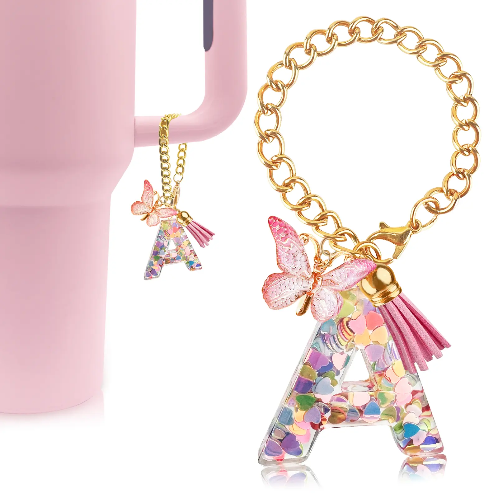 Velaco Letter Charm Accessories for Stanley Cup with Handle, Cute Initial Letter A Keychain Handle Charm with Butterfly for Stanley Tumbler for Women Girls