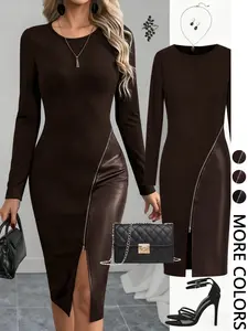 Valentine's Day Women's Solid Color PU Leather Patchwork Zipper Bodycon Dress, Elegant Slim Fit Chic Long Sleeve Party Dress, Casual Fashion Clothing