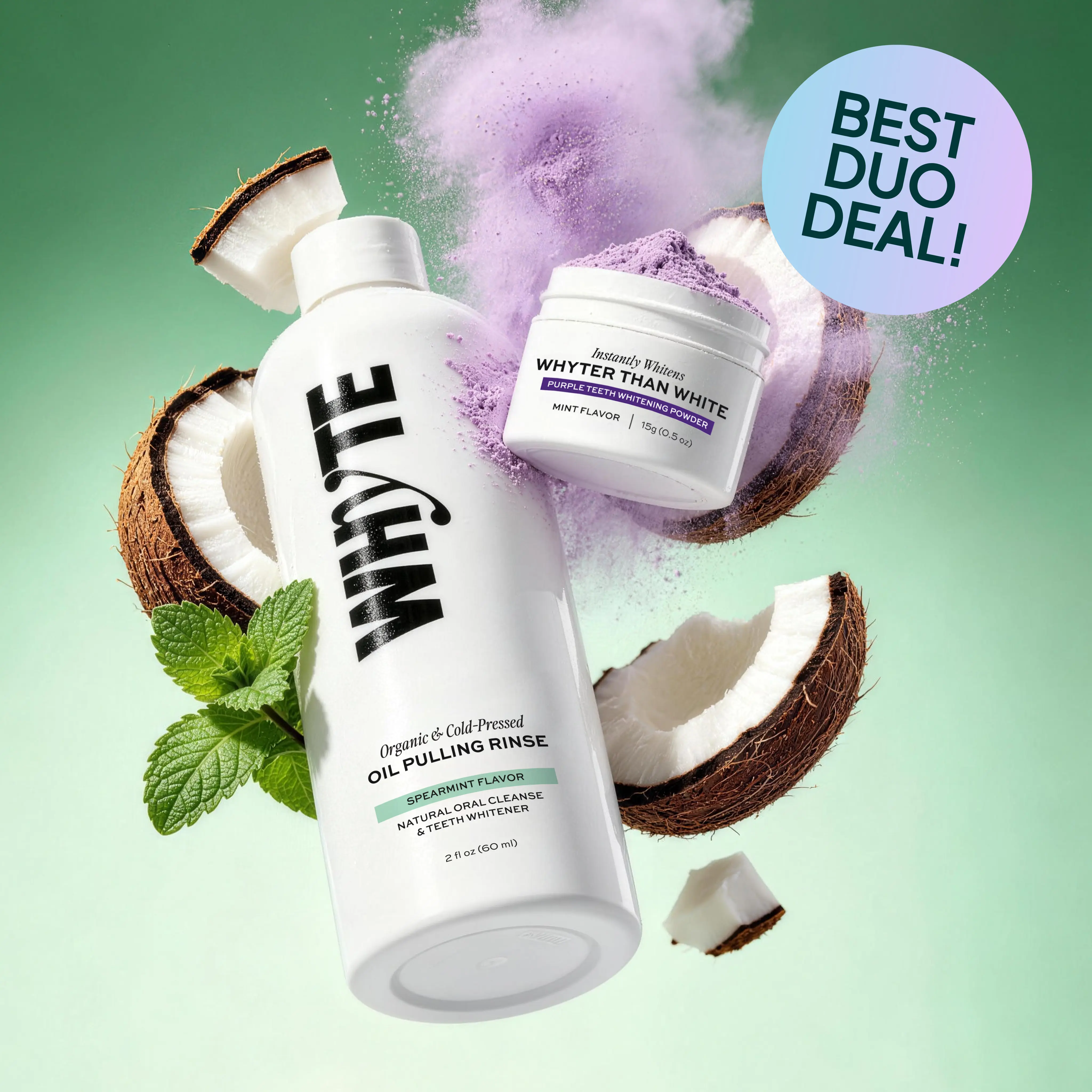 WHYTE Organic Oil Pulling Rinse & Purple Teeth Whitening Powder Duo, Adults' Teeth Brightener with Menthol, Sodium Bicarbonate, Maximum Oral Detox, Stain Removal, No Hydroxyapatite, Peroxide or Fluoride, Fluoride Free, Detoxifies