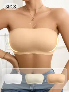 3-Pack Daily Wear Basic Strapless Bras, Non-Padded Slip-Resistant, Backless Design, Plain Pattern, Unlined, All Seasons, Min Support