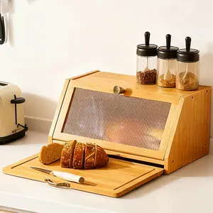 Bamboo Bread Box Cutting Board Combo, Large Capacity Kitchen Corner Organizer for Pantry Storage
