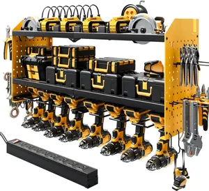 Power Tool Organizer Wall Mount with  Station, Large 8 Drill Holder Heavy Duty Metal Tool Holder & Storage Rack for Garage Organization 8 Outlet Power Strip Tool ShelfYellow
