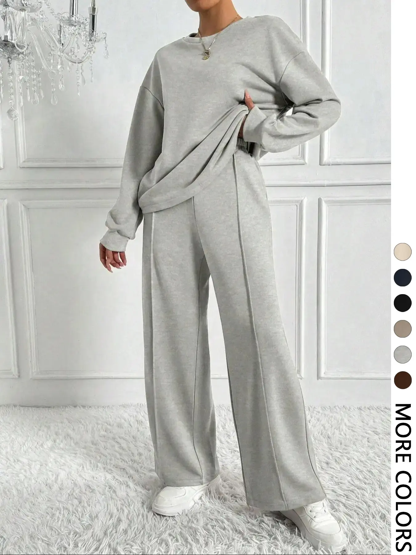 Women's Solid Color Drop Shoulder Sweatshirt & Elastic Waist Pants Two-piece Set, Casual Fashion Cozy Breathable Two Piece Outfits for Daily Outdoor Wear, Women Clothes for Spring & Fall