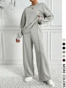 Women's Solid Color Drop Shoulder Sweatshirt & Elastic Waist Pants Two-piece Set, Casual Fashion Cozy Breathable Two Piece Outfits for Daily Outdoor Wear, Women Clothes for Spring & Fall