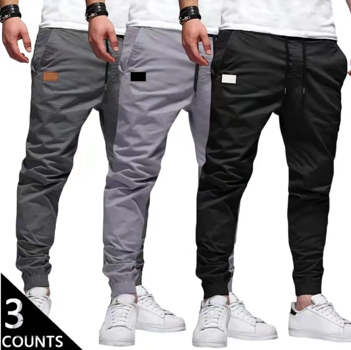 2026 men’s jogger cargo pants with a pocket design featuring small labels, available in three colors; slightly slim-fit cargo joggers suitable for streetwear and commuting, ideal for everyday wear.
