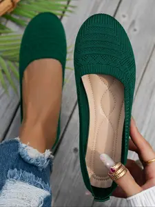Women's New Round Toe Knit Flat Ballet Shoes, Plain Design, Breathable Mesh Upper, One-Piece Slip-On, Comfortable for Daily Commute, Ballet Flats, Casual Flats