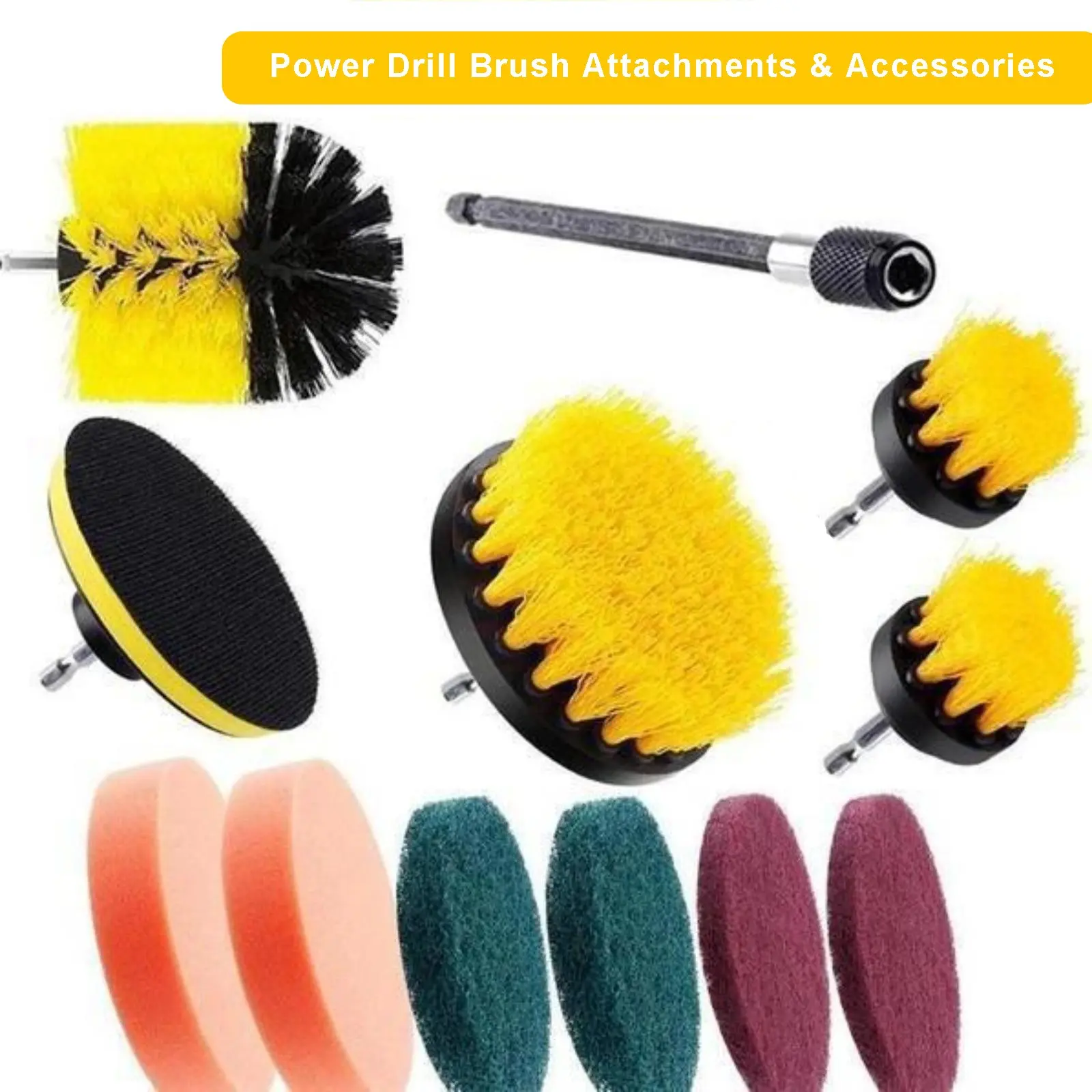 12-piece Electric Drill Bit Accessory Set, Durable Power Scrubber, Including Scouring Pads and Sponges, with An Extended Attachment for Electric Cleaning Brushes, Suitable for Cleaning Tile Grout, Tiles, Sinks, and Car Polishing Pads Accessories