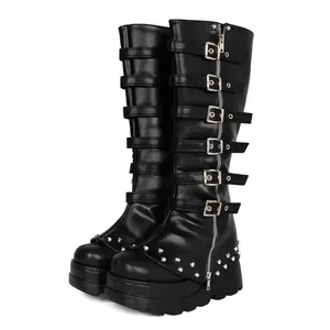 Women Punk Style Combat Boots with Belt Buckle Edgy Goth Fashion Footwear Unique Design for Autumn Winter Streetwear