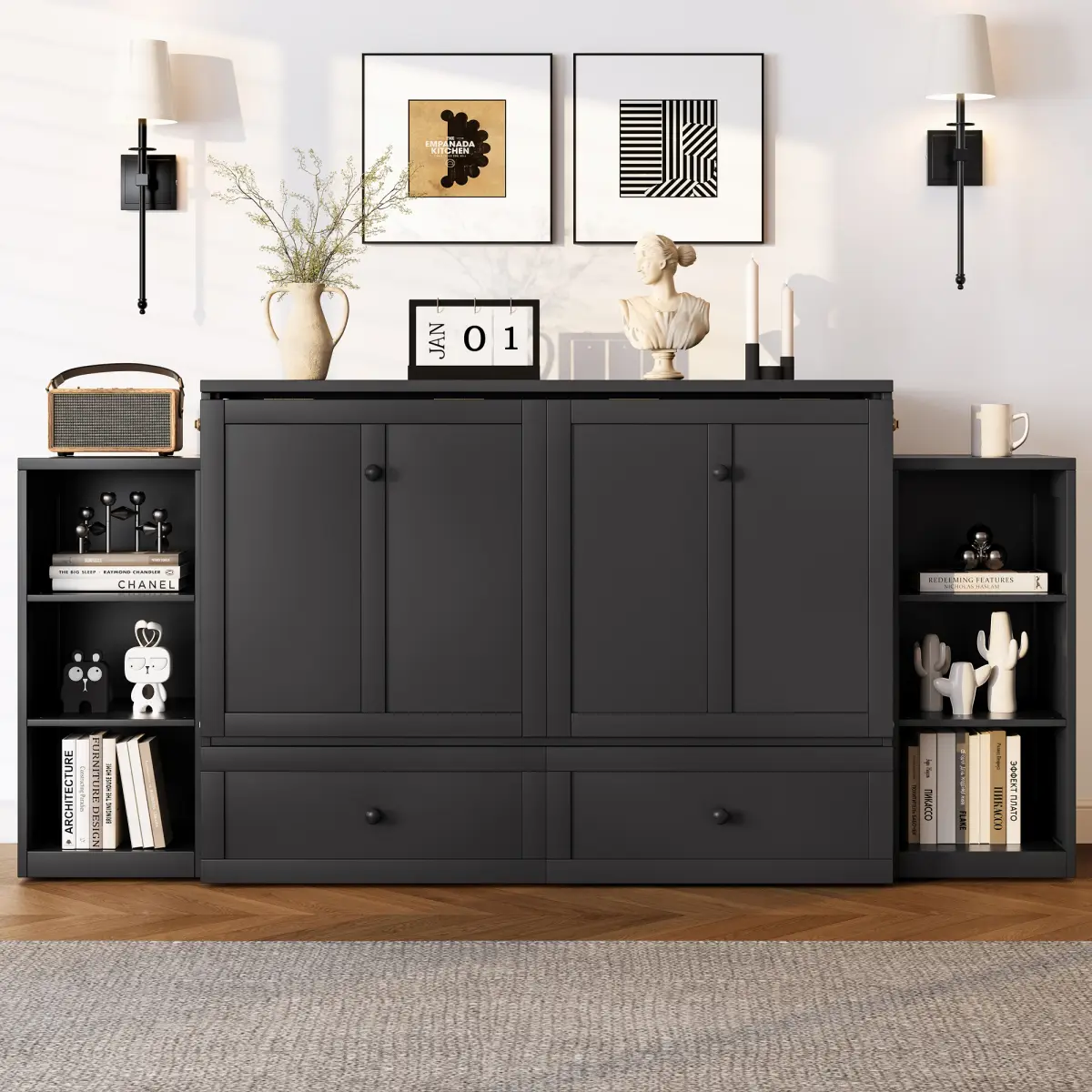 [Bellemave]Queen size Murphy bed with spacious storage drawers and shelves.Ideal for guest rooms or compact bedrooms.Vintage Dark Gray