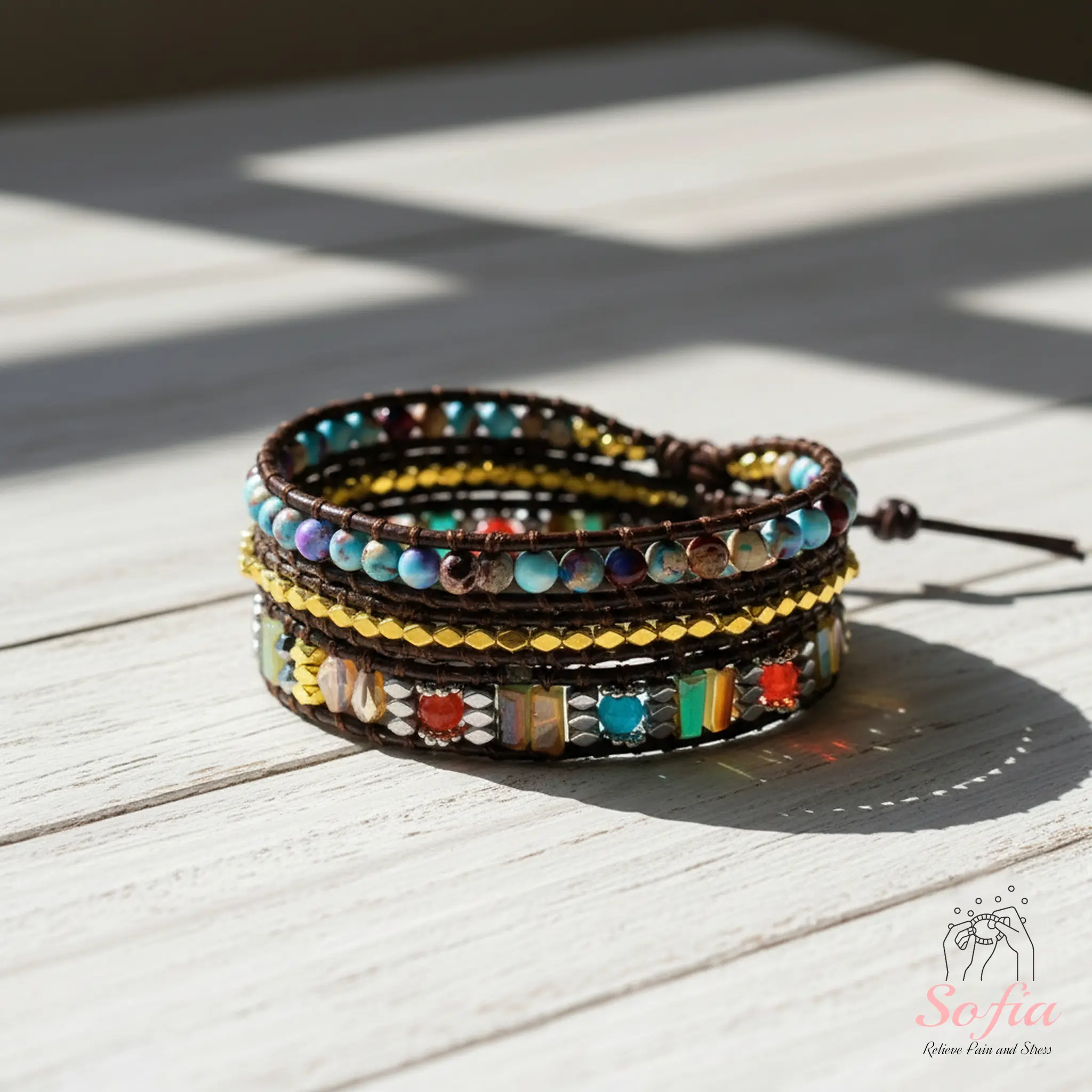 Sofia Natural Stone Wrap Bracelet Gemstone Crystal Leather Braided Boho Style Adjustable for Daily Use Gift for Mother Daughter Wife Handmade