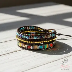 Sofia Natural Stone Wrap Bracelet Gemstone Crystal Leather Braided Boho Style Adjustable for Daily Use Gift for Mother Daughter Wife Handmade