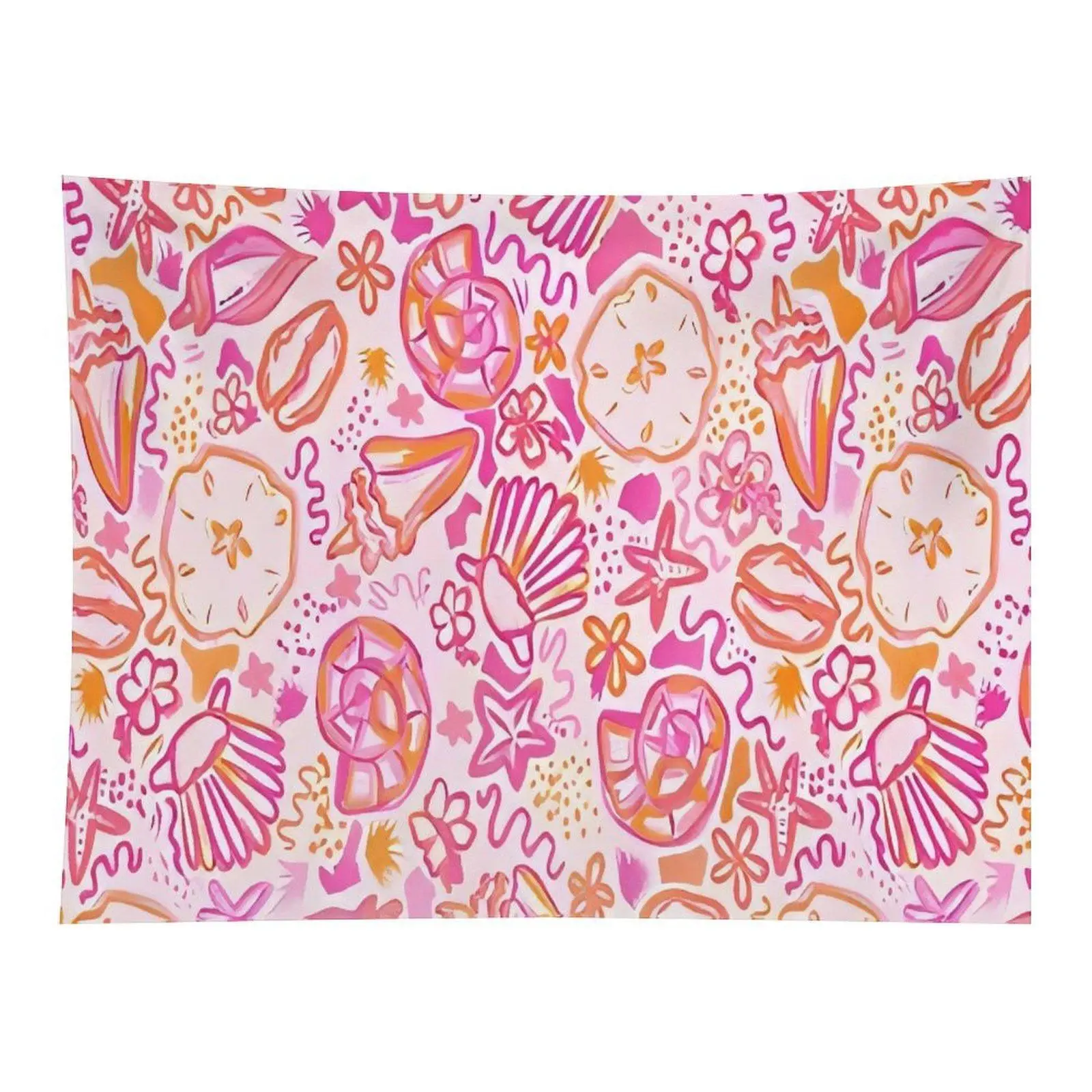 Light Pink Orange Pastel Seashell Starfish Conch Hand Drawn Wall Tapestry Wall Hanging, Soft Coquette Coastal Summer Cute Seamless Decor for Teen Girls Bedroom Dorm Desk Backdrop