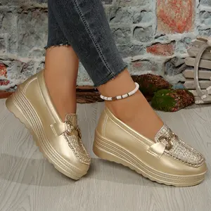 Women's Wide Width Oversized Penny Loafers --On Mule Shoes with Strap, Thick Platform Heel (Round Toe) - All-Season Black Faux -like Upper, Cushioned PU Sole - Casual & S (Chinese Sizing Available, Women Shoes