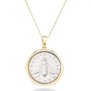 18K Gold Plated 925 Sterling Silver Genuine 2-Lira Bee Coin Medallion Pendant Necklace for Women 18 Inch Chain, Made in Italy