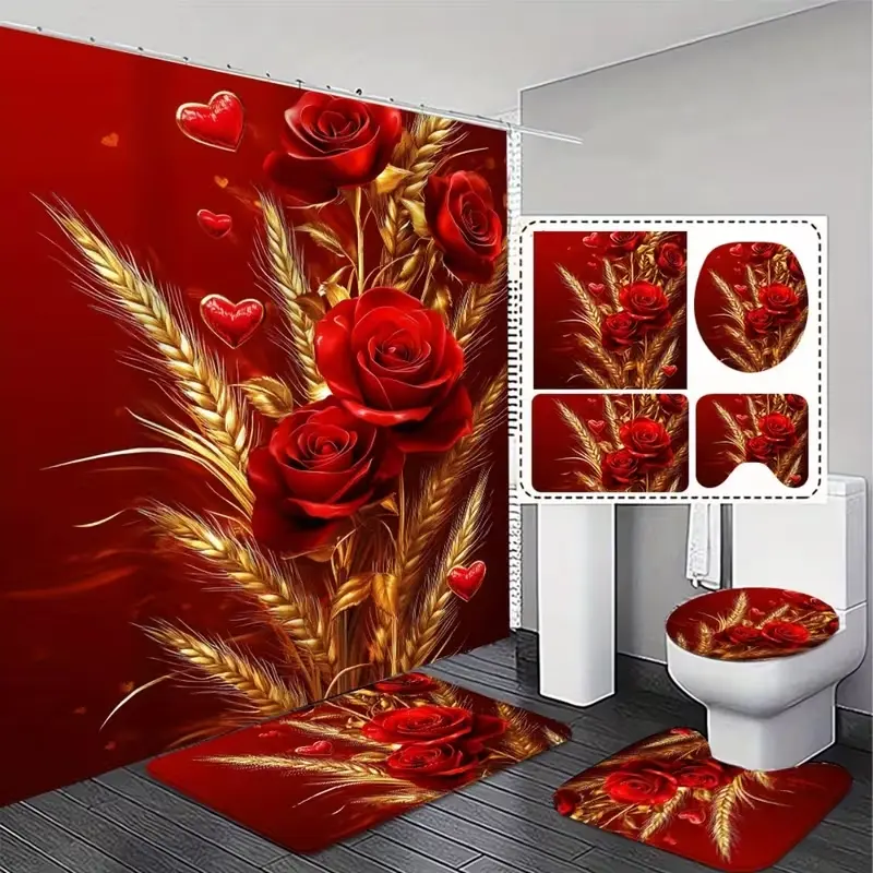 1/4pc Red Rose and Wheat Ear Pattern Shower Curtain Set, Bathroom Shower Curtain Sets, Bathroom Decoration Accessories, includes non-slip mat, U-shaped rug, and toilet seat cover, Comes with 12 shower curtain hooks