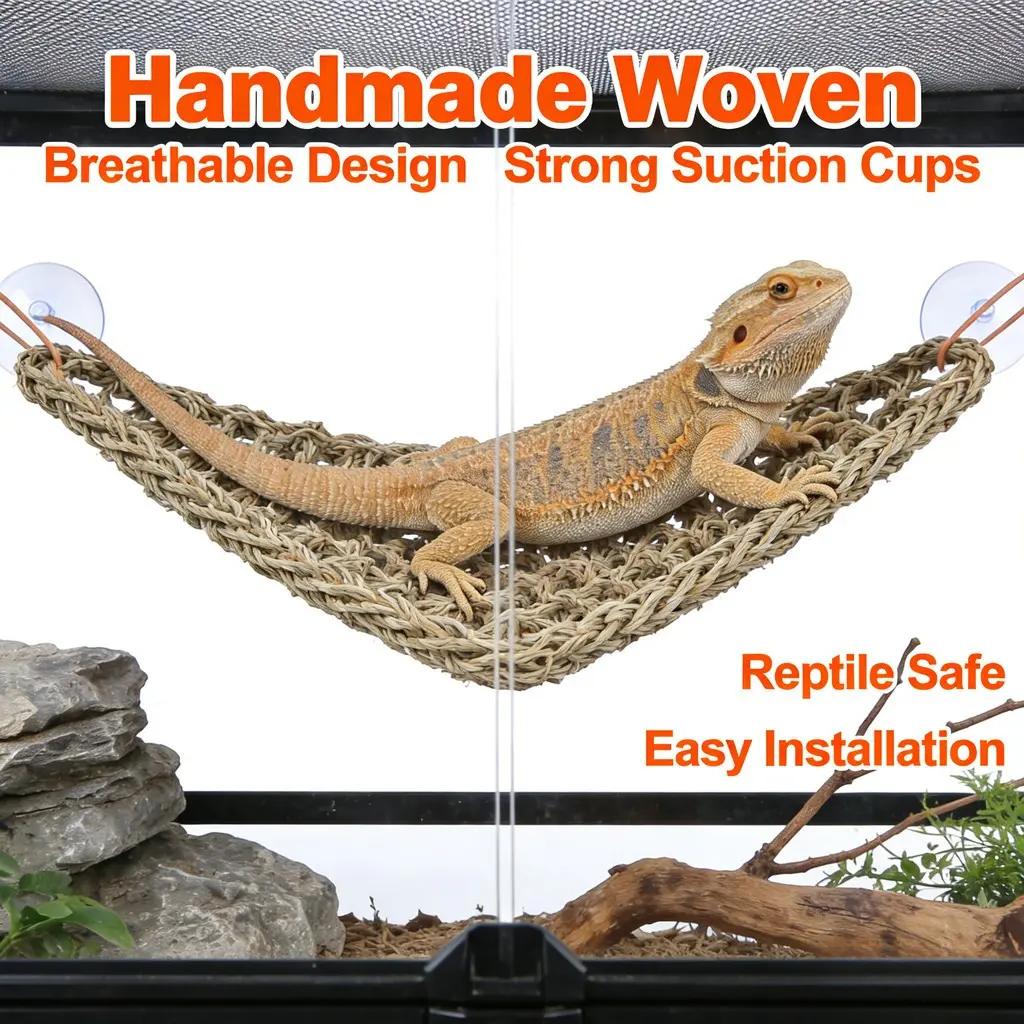 Reptile Triangle Hammock Handmade Handwoven Natural Material, Suitable for Bearded Dragons and Geckos, Non-Toxic Bite-Resistant, Strong Suction Cups, Breathable
