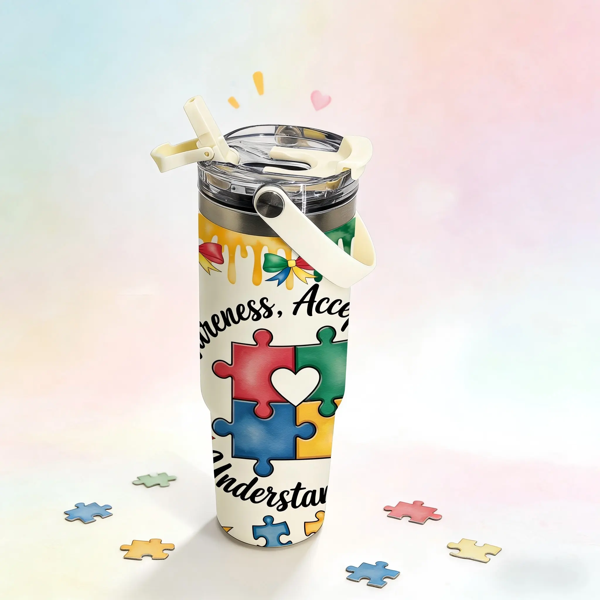 Auracup 1pc 20/30oz Autism Awareness Tumbler, Thermal Cup, Hydration Tumbler with Handle and Straw, Puzzle Design Insulated Stainless Steel, Double Wall Vacuum Hot Cold Drinkware, Sensory Friendly Travel Mug, Teacher Gift, Special Education Gift