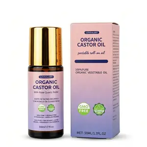 Organic Castor Oil Roll-On with Rose Quartz Roller, Cold-Pressed Castor Oil for  Hair, Scalp, Lashes, Brows & Body, Moisturizing Massage Oil for Daily Beauty Care, 50ml/1.7 fl oz