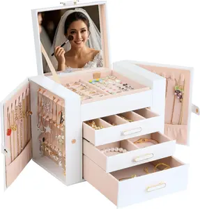 BOOVO Jewelry Boxes for Women, 4 Layer Jewelry Organizer with 2 Doors for Necklaces Hanging and 2 Closet for Earrings Hanging, Large Jewelry Box with Mirror Jewelry Case, Light Luxury Gift for Her