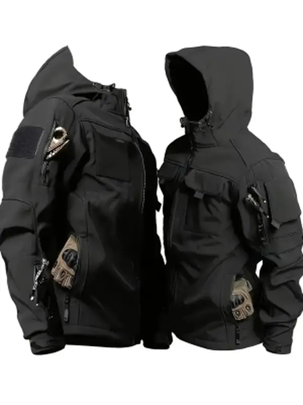 Men’s Plain Polyester Tactical Softshell Hooded Jacket - Full Zipper, Multi-Pocket, Windproof Outdoor Outerwear Suitable for Hiking, Work