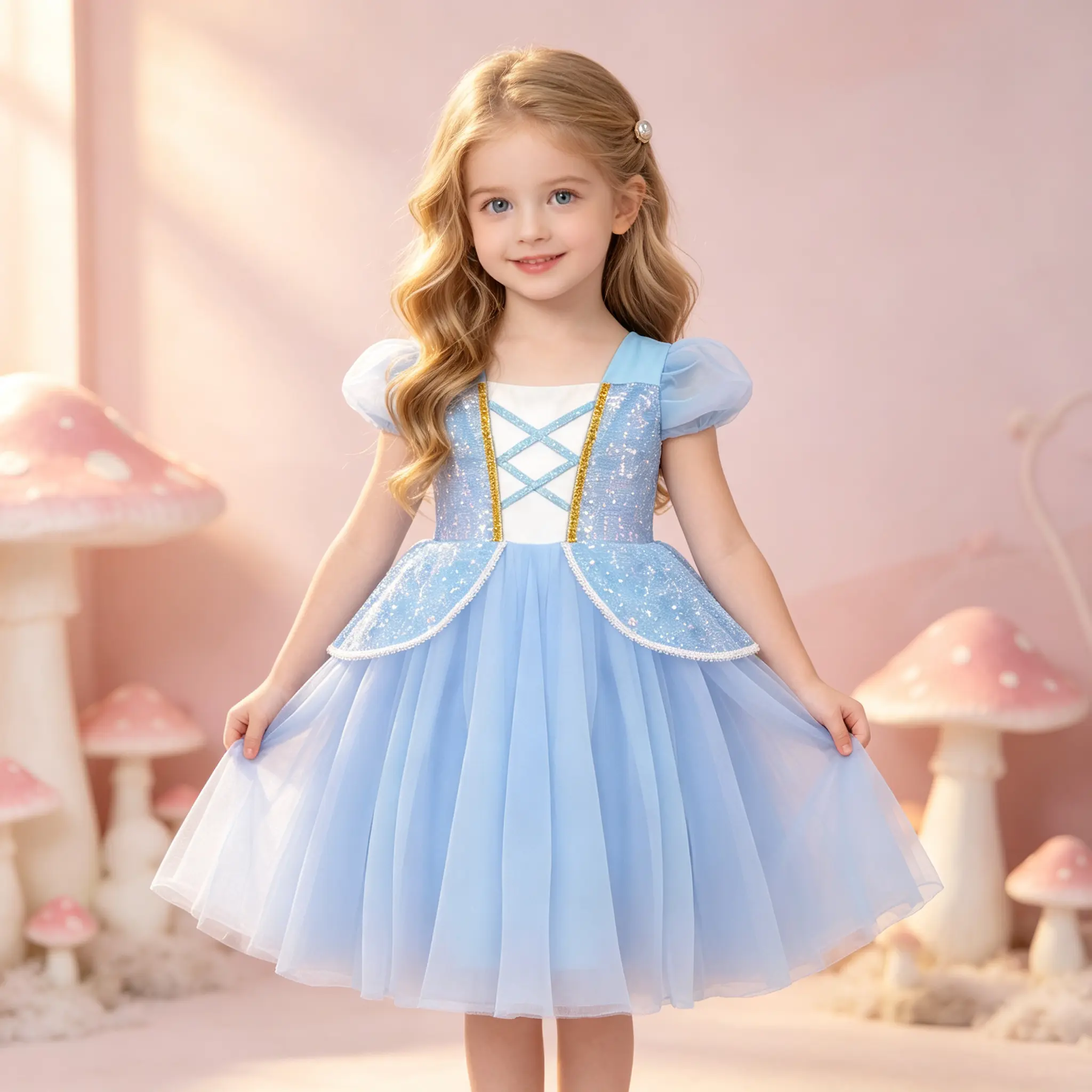 Girls Light Blue Cinderella Princess Tutu Maxi Dress - Polyester, Puff Short Sleeves, Square Neck, Crisscross Lace-Up Sequin Bodice, Plain Fluffy Layered Tulle Skirt, Casual Birthday Christmas Flower Girl Costume