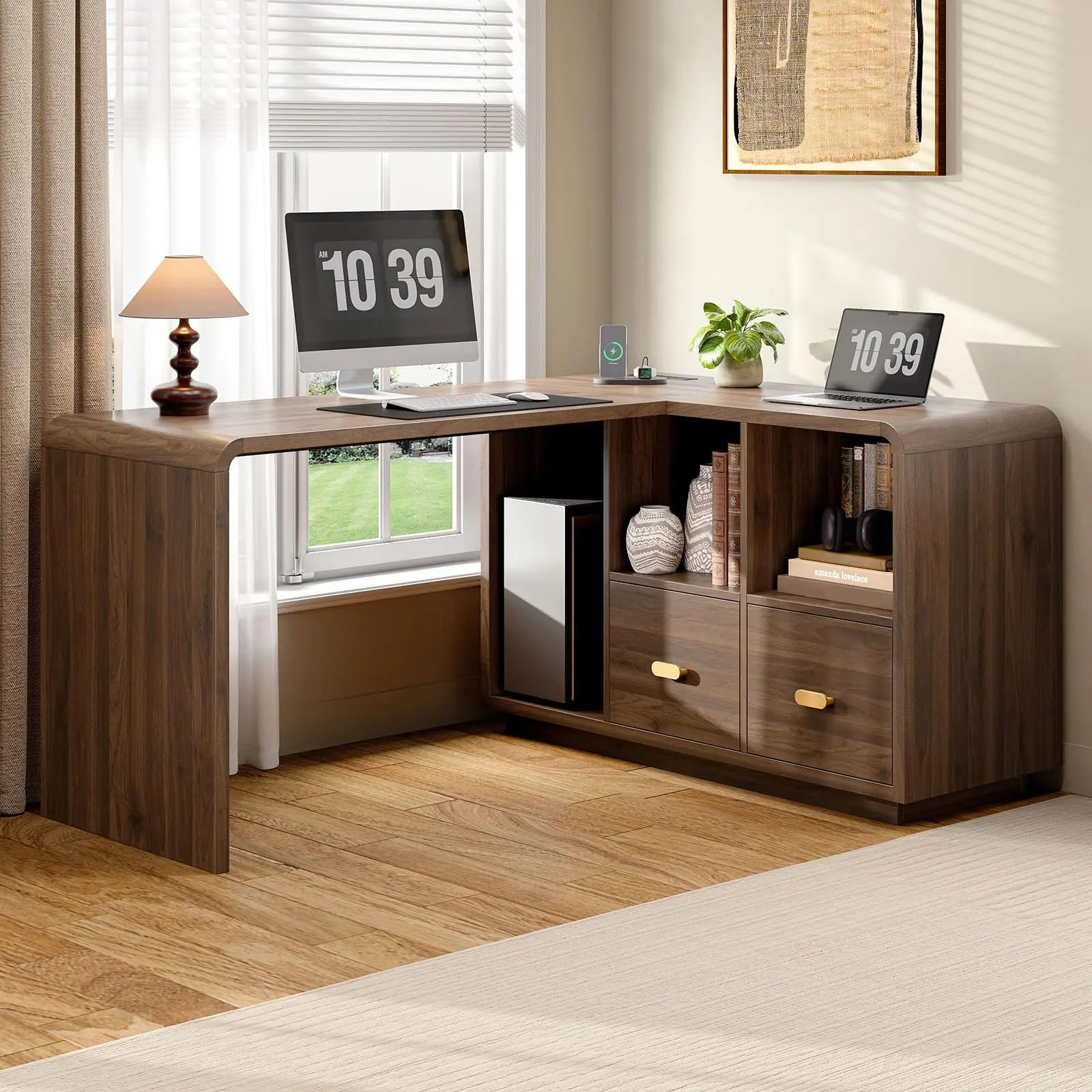 【BackToSchool】ONBRILL 58" Executive L Shaped Desk, Home Office Desk with File Drawers, Computer Desk with Power Outlets and Storage Shelves, Corner Computer for Home Office