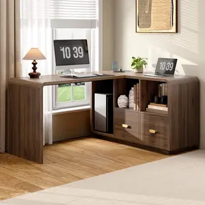 【CategorySelect】ONBRILL 58" Executive L Shaped Desk, Home Office Desk with File Drawers, Computer Desk with Power Outlets and Storage Shelves, Corner Computer for Home Office