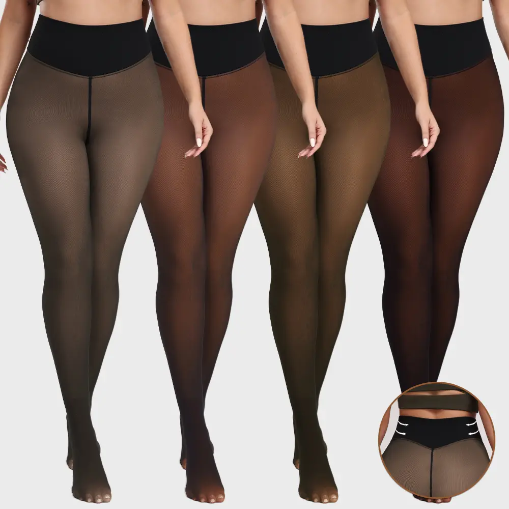 【COMPRESSION BAND & ONE SEAM】1/4-PACK Magic Fleece Lined Tights w/ 2-Waistband Option - ONE-LINED SEAM Women's Fake Sheer Warm Pantyhose Thick Winter Leggings Fashion Womenswear
