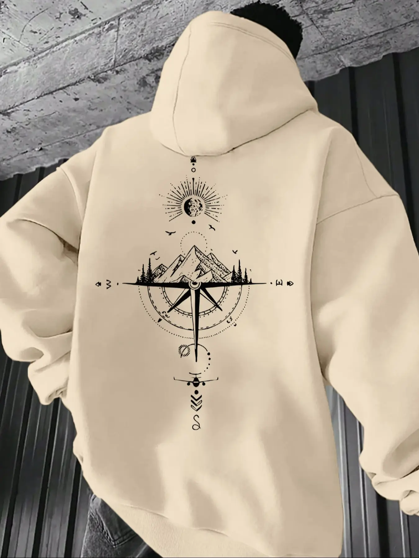 Men's Compass Print Fleece Hoodie, Unisex Casual Versatile Pullover, Fall & Winter Fashion, Moderate Fabric, Fitted Style, Graphic Print Hoodie, Knitted Hoodie, Hoodies Streetwear, Graphic Streetwear Clothing