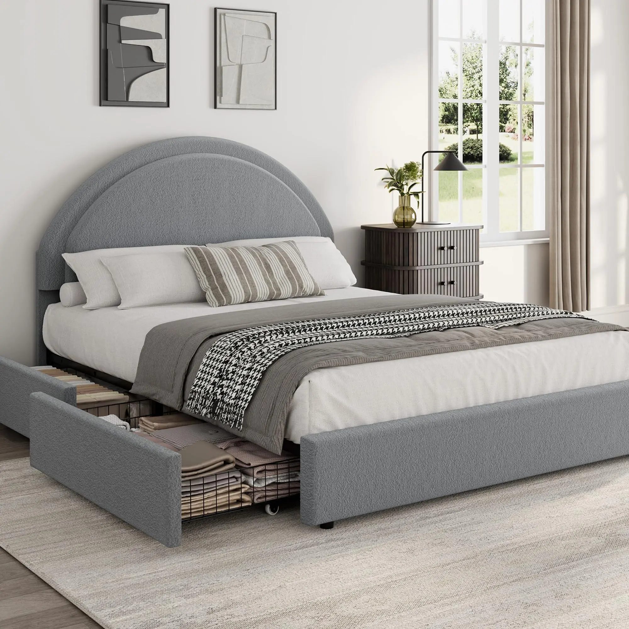 Grey Full Size Boucle Fabric Platform Bed Frame - Cloud Bed Frame with Curved Arc Headboard, Storage Drawers, Silent Stable Metal Slats Support, No Box Spring Needed, Easy Setup, Cloud Bed Frames