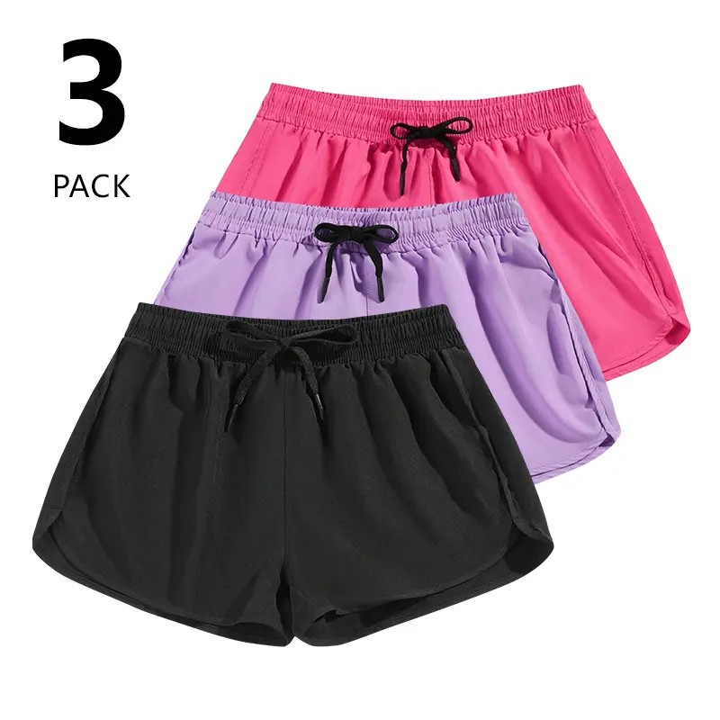 Clean Gent women’s 3-pack solid drawstring athletic shorts—casual elastic-waist shorts for running and gym workouts; spring and autumn women’s activewear; lightweight workout shorts; running training shorts