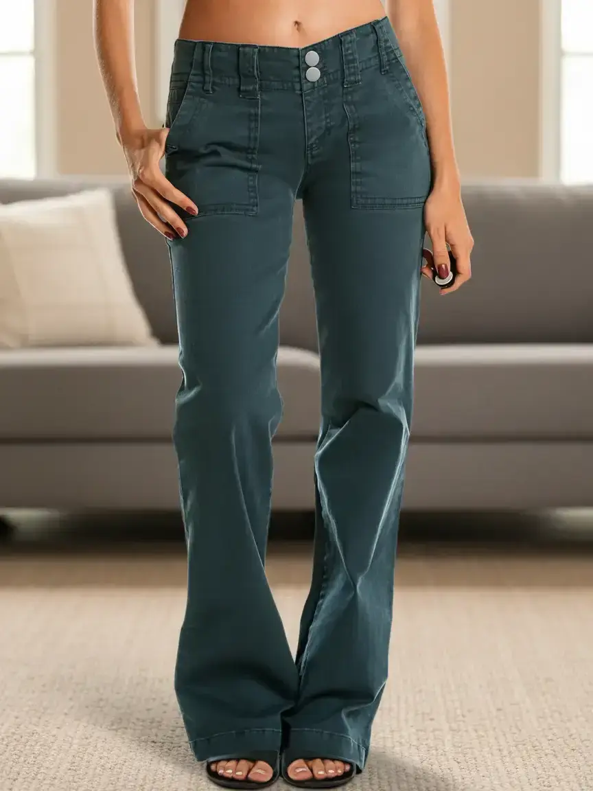 Women's High Waist Silky Soft Non-Stretch Twill Fabric Cargo Pants - Dual Metal Buttons Fly, 2 Side Pockets, Oversized Relaxed Double-Button Bootcut Full Length Floor-Grazing Flared All Seasons Casual Bottoms