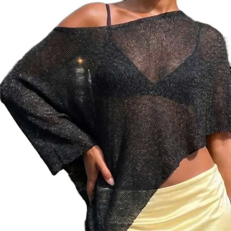 Women's Knit Crochet Sheer Poncho Shrug, Y2k Solid Color different colors Knitwear