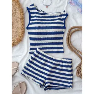 Tomattis Tween Girls Short Length Blue White Striped Knitted Asymmetrical Neck Tank Top And Shorts Co-Ords Two Piece Set Summer Two Piece Set For Kids