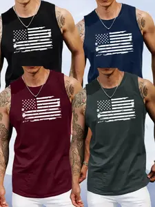 Men's Casual Round Neck Tank Tops, 100% Polyester Knit Fabric, Geometric American Flag Pattern, Lightly Elastic, Summer Regular Fit
