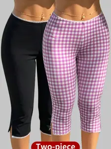 2-Pack Fashion Chic Capri Cropped Pants with Lace Trim, Mid-Waist Plaid Design, Tight-Fit Seven-Eighths Pants Bottoms, Multiple Colors Available, Womenswear