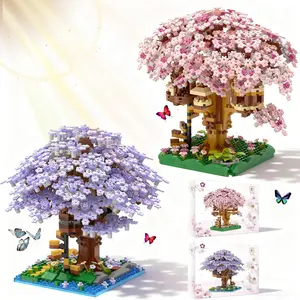 Mini Cherry Blossom Tree House Building Block Set, approximately 1000 pieces, Japanese-style pink and purple cherry blossom tree miniature building blocks, educational toy for children, creative building toy, birthday gift, Valentine's Day gift.