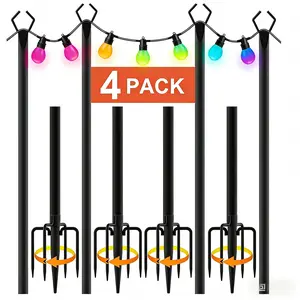 Nexillumi 10-foot outdoor string light pole, heavy-duty metal rod, four ground fork heads, height adjustable, with deck fixing accessories, suitable for outdoor decoration in patios, gardens, backyards, front porches, etc., 4/6/8pcs